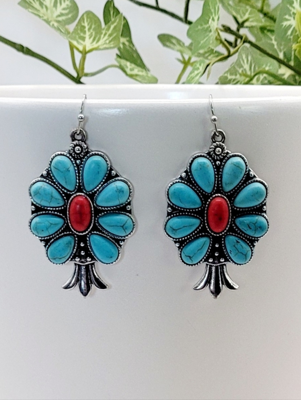 Western Turquoise And Red Stone Squash Blossom Earrings New